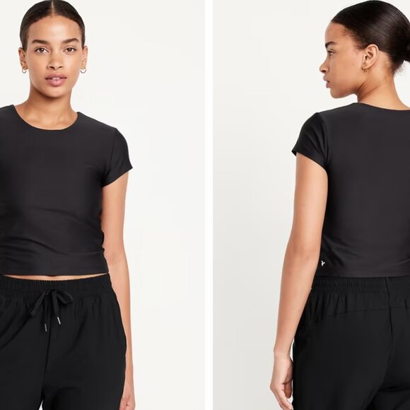 Black Short Sleeve Women's Active Cropped Top - Picture 1 of 3